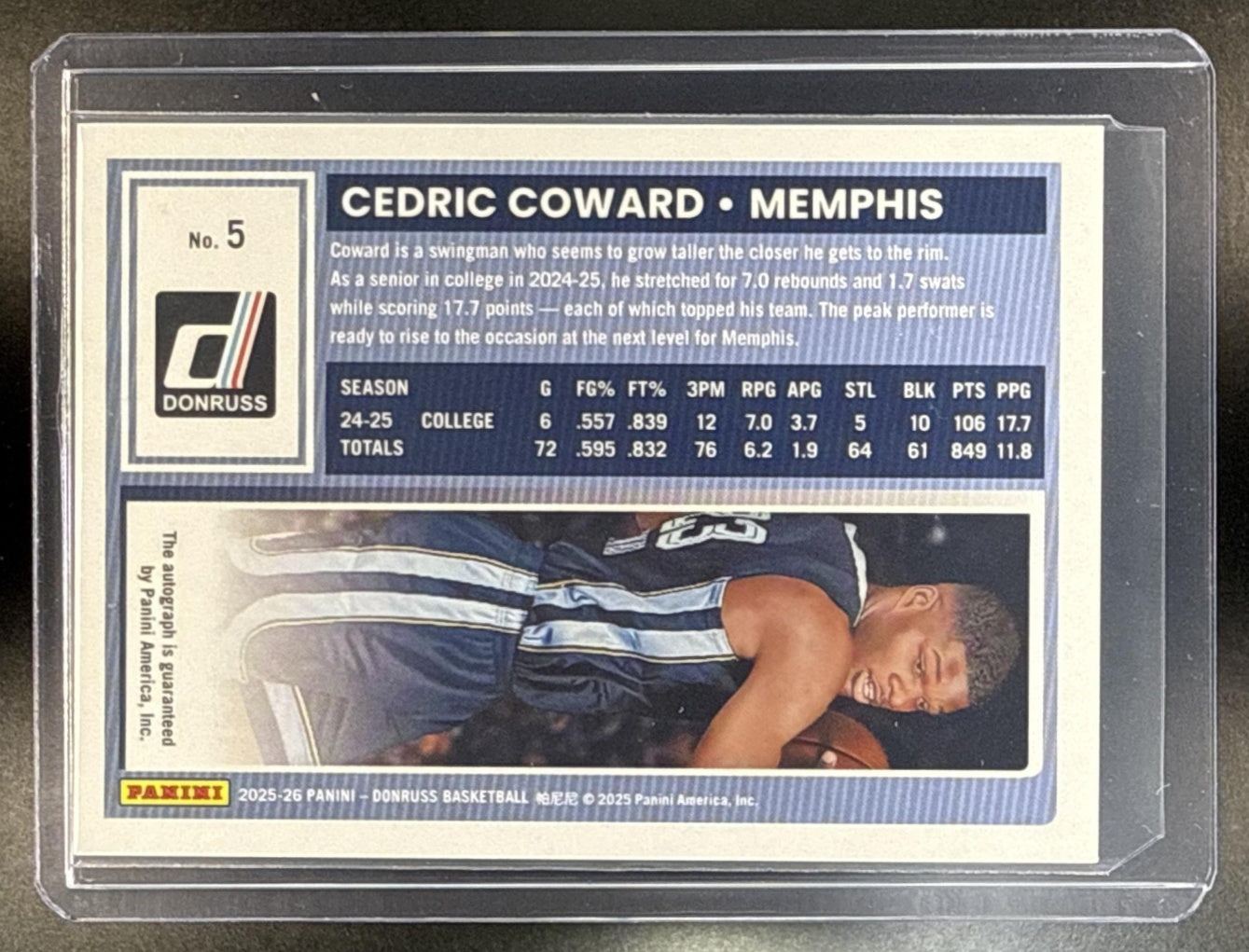 Cedric Coward Panini Donruss 2025-26 Auto Holo /75 RC Memphis Grizzlies