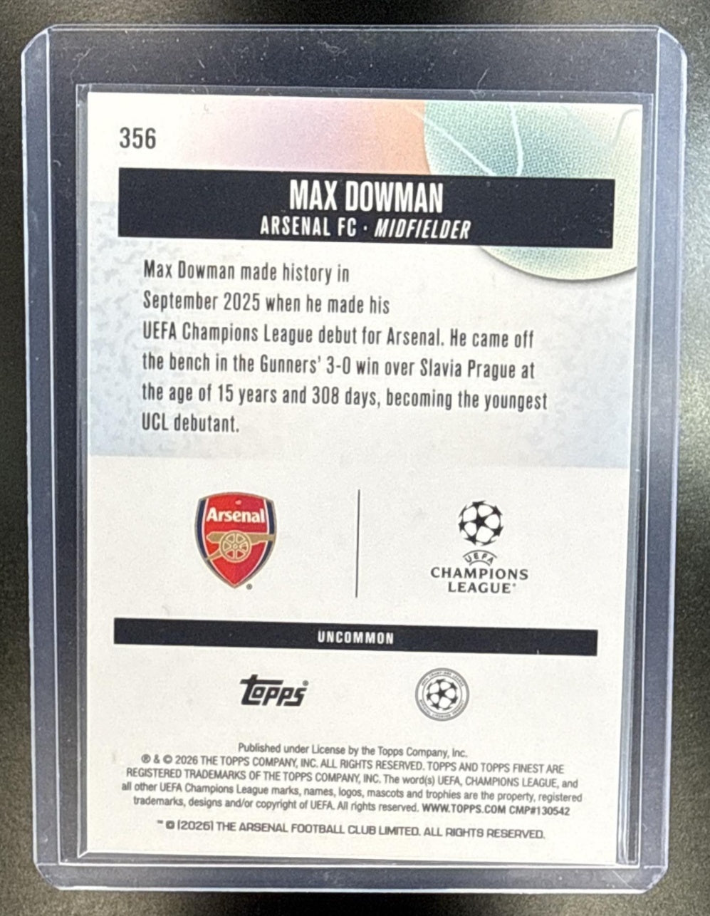 Max Dowman Topps Finest UCC 2025-26 Blue Refractor /150 RC Arsenal FC