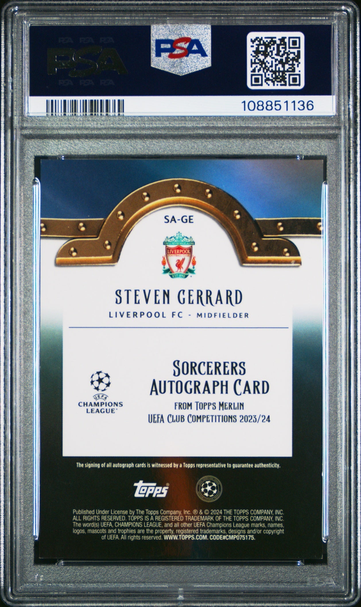 Steven Gerrard Topps Chrome Merlin UCC 2023-24 Sorcerers Auto Mojo /99 PSA 8