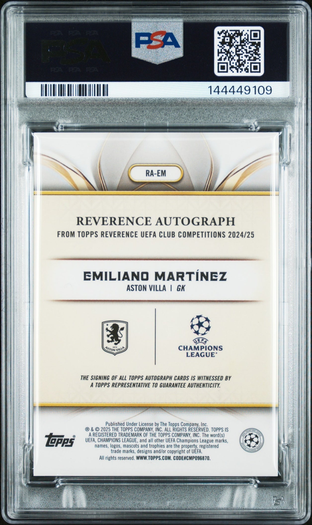 Emiliano Martinez Topps Reverence UCC 2024-25 Auto Blue /75 PSA 10 Aston Villa