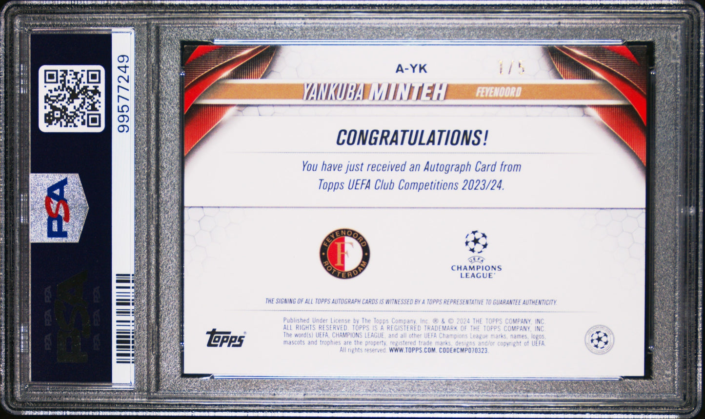 Yankuba Minteh Topps UCC 2023-24 Red Foilboard Auto /5 PSA 9 Feyenoord