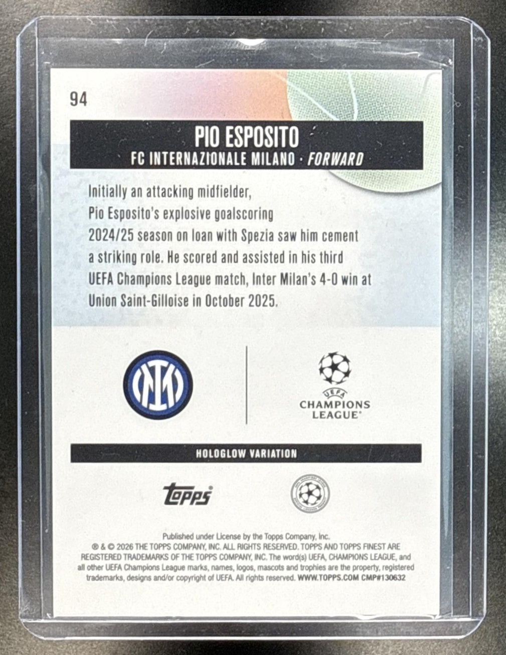 Pio Esposito Topps UCC Finest 2025-26 Hologlow RC FC Internazionale Milano