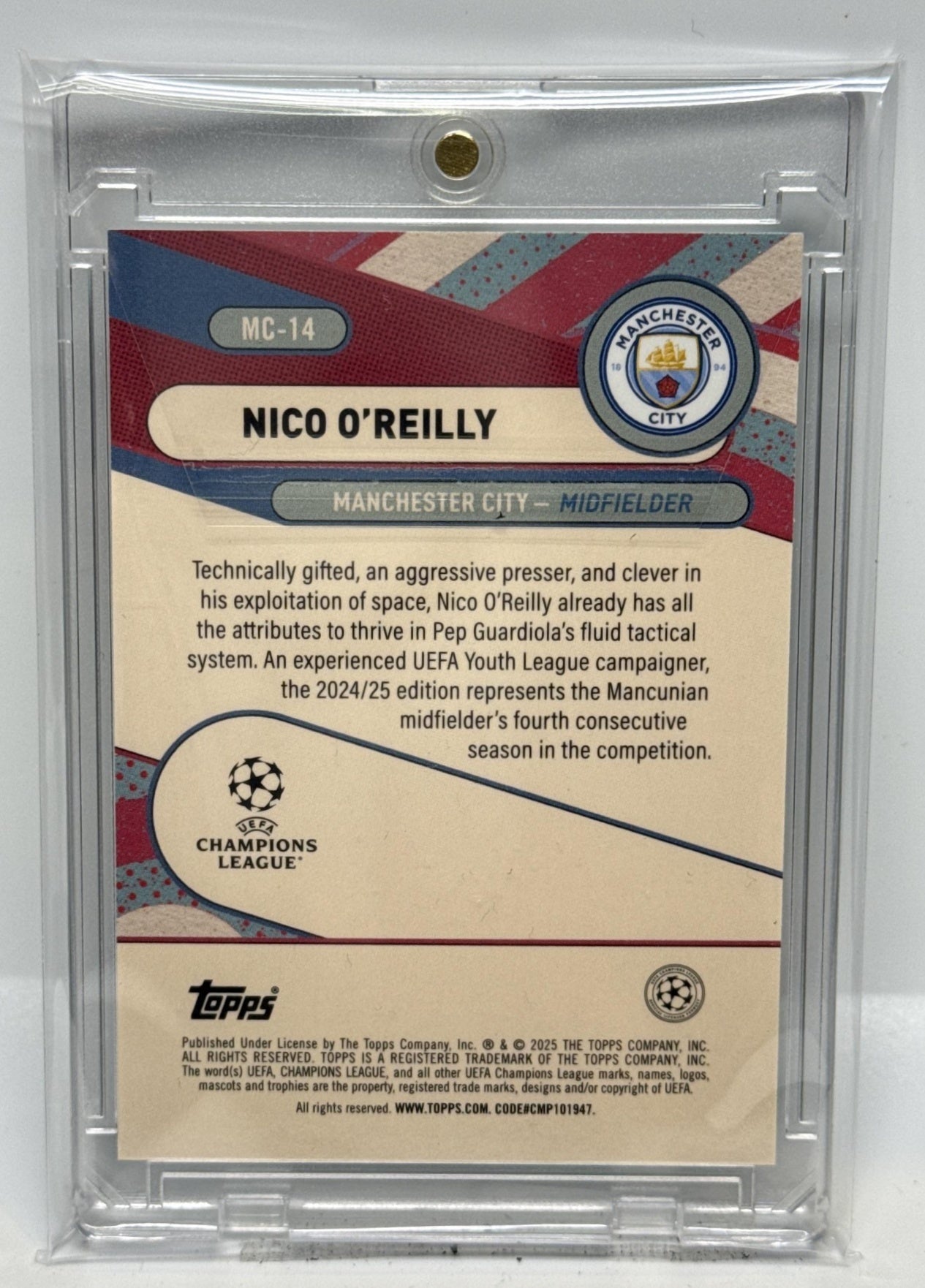 Nico O'Reilly Topps Merlin Chrome UCC 2024-25 Aqua Refractor /75 Manchester City