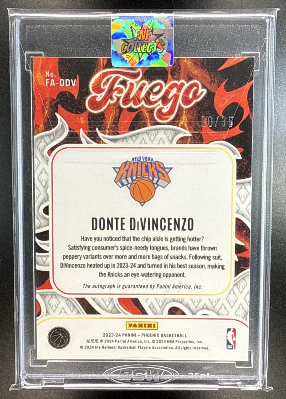 Donte DiVincenzo Panini Phoenix 2023-24 Fuego Yellow /35 Auto New York Knicks