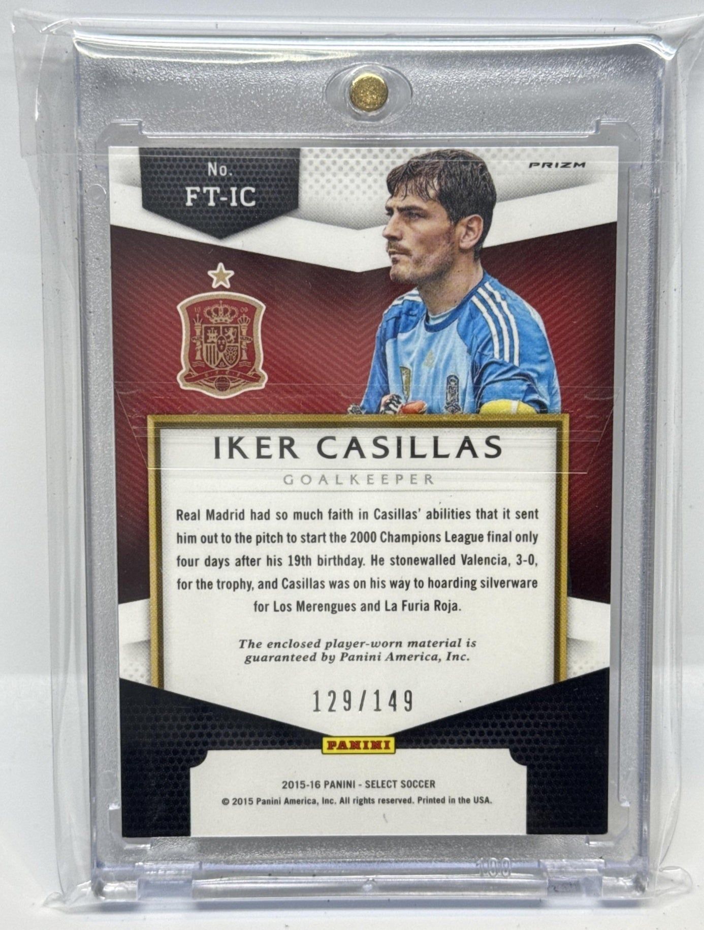 Iker Casillas Panini Select 2015 First Team Swatches Orange Prizm /149 MEM Spain