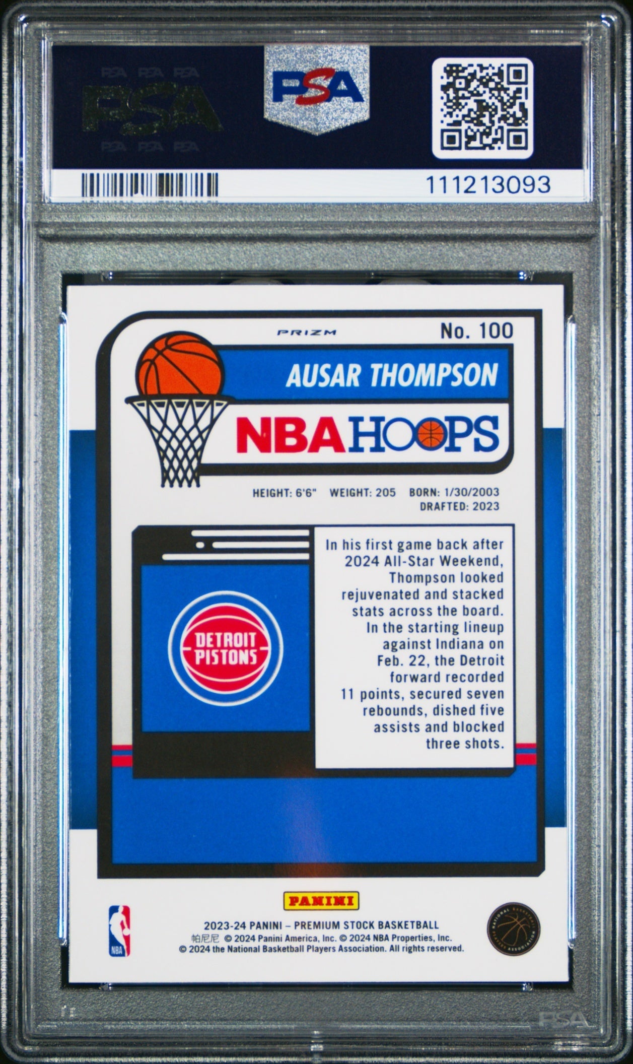 Ausar Thompson Hoops Premium Stock 2023-24 Pulsar Prizm RC PSA10 Detroit Pistons
