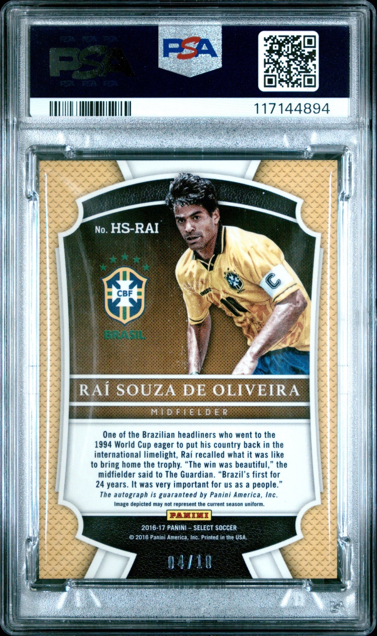 Rai Souza de Oliveira Panini Select 2016 Gold /10 Auto PSA 9 Brazil