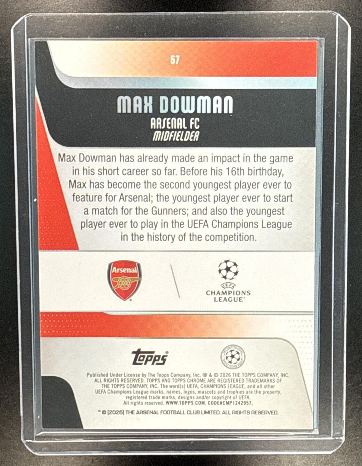 Max Dowman Topps Chrome UCC Sapphire 2025-26 RC Arsenal FC