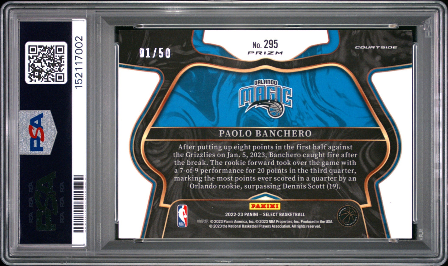 Paolo Banchero Select 2022-23 Green Wave /50 RC Courtside PSA 9 Orlando Magic