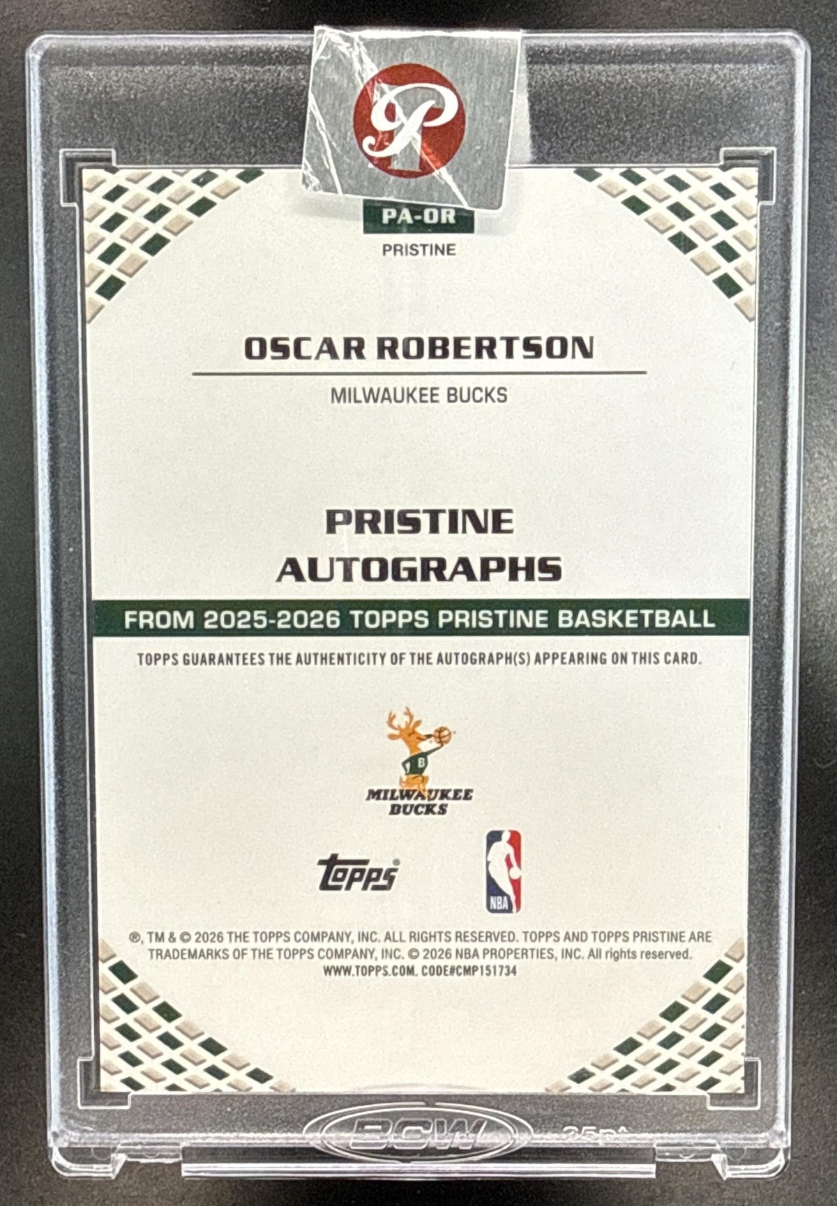 Oscar Robertson Topps Pristine 2025-26 Auto Green /150 Milwaukee Bucks