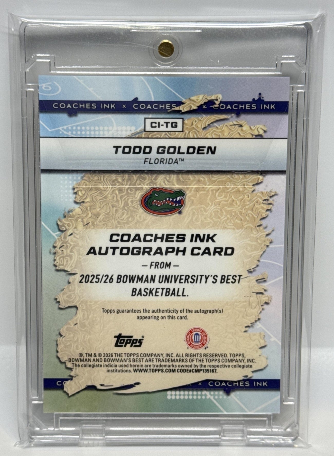 Todd Golden Bowman Best University 2025-26 Gold Refractor /50 Florida Gators