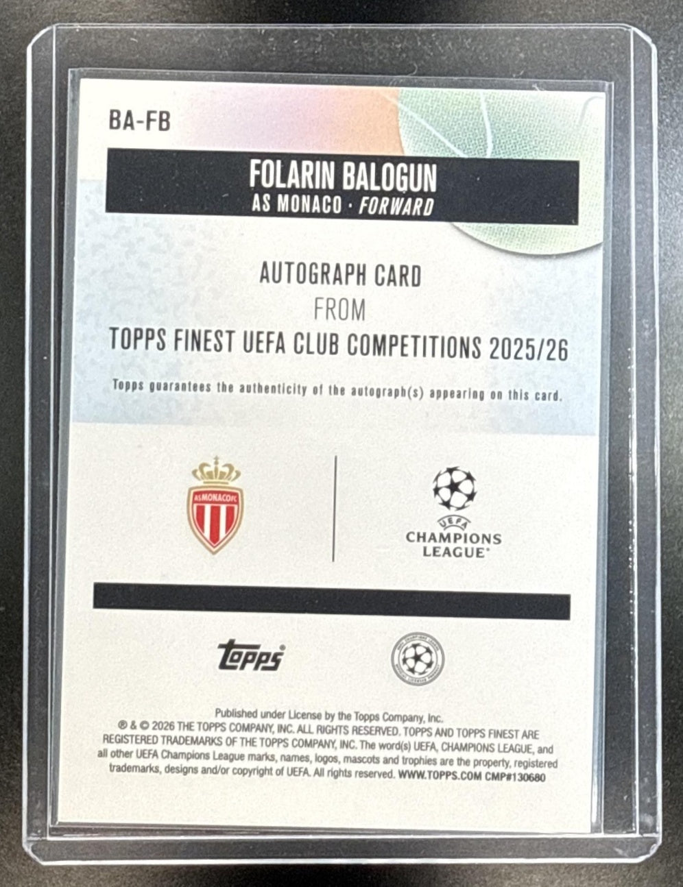 Folarin Balogun Topps UCC Finest 2025-26 Blue Wave Refractor /150 Auto AS Monaco
