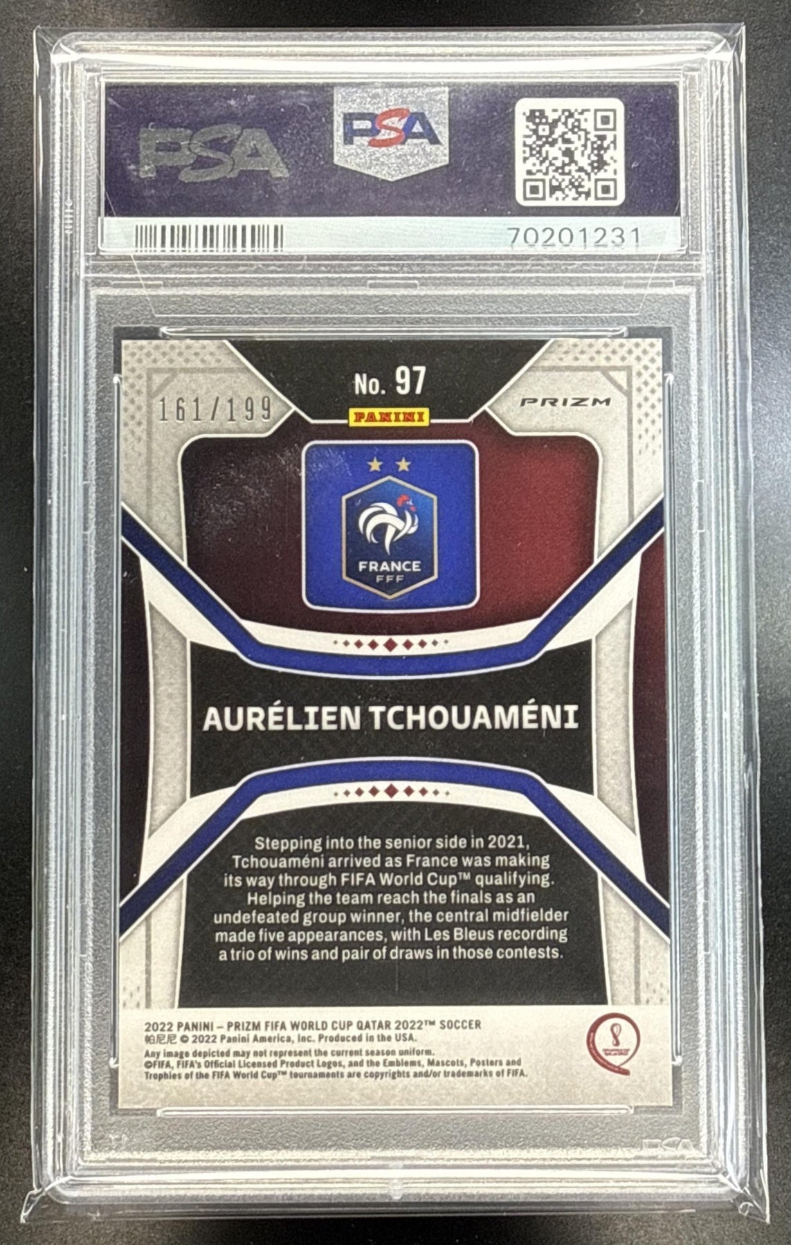 Aurelien Tchouameni Panini Prizm World Cup 2022-23 Purple /199 RC PSA 10 France