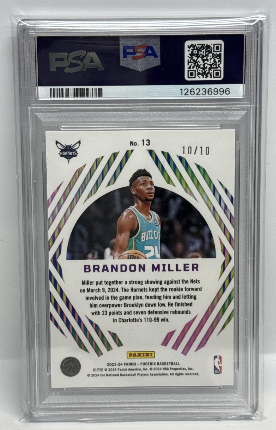 Brandon Miller Panini Phoenix 2023-24 Gold /10 RC PSA 9 Charlotte Hornets