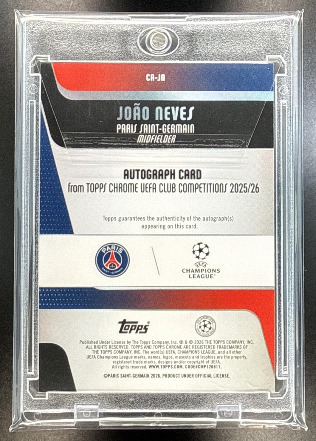Joao Neves Topps Chrome UEFA CC 2025-26 Black Geometric Refractor /10 Auto PSG