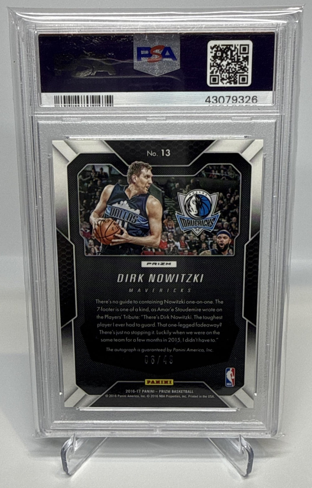 Dirk Nowitzki Panini Prizm 2016-17 Blue Prizms /49 Auto PSA 10 Dallas Mavericks