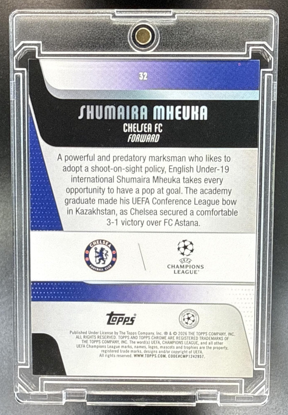 Shumaira Mheuka Topps Chrome UCC 2025-26 Black Geometric /10 RC Chelsea FC