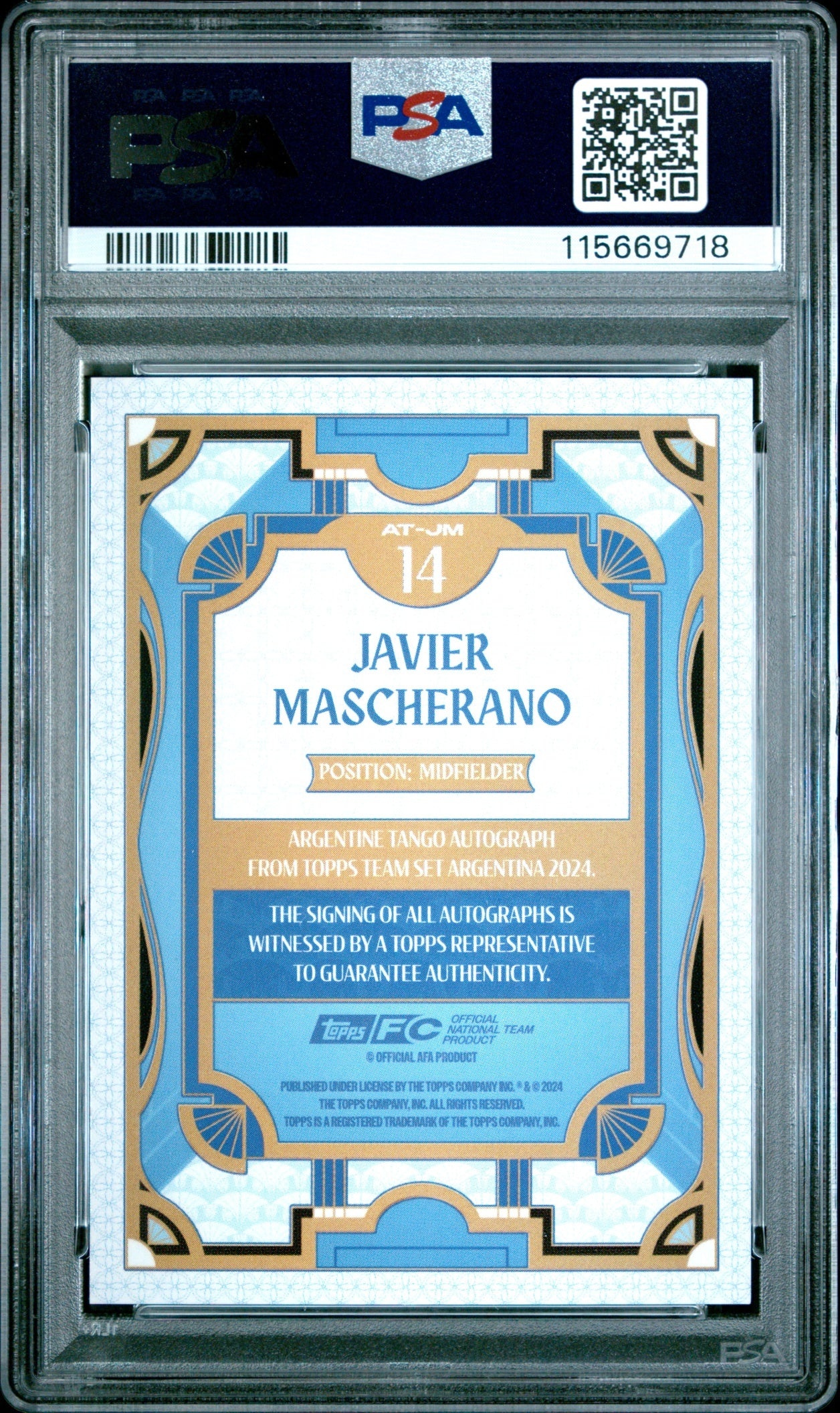 Javier Mascherano Topps Argentina 2024-25 Tango Yellow /50 Auto PSA 10