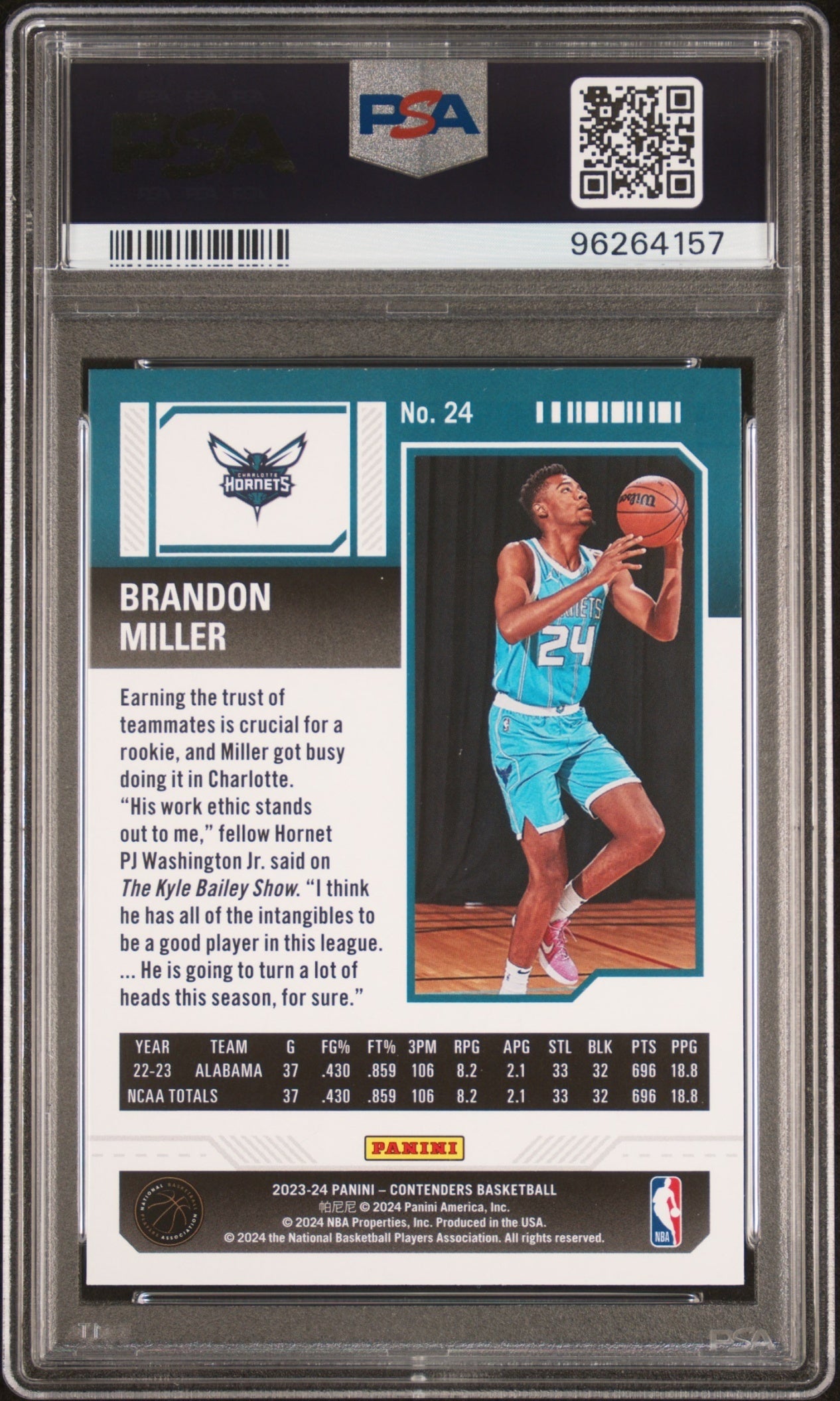 Brandon Miller Contenders 2023-24 Season Ticket RC PSA 10 Charlotte Hornets