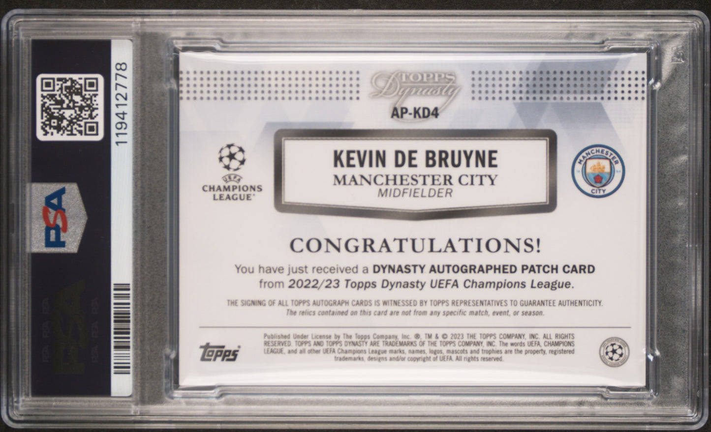 Kevin De Bruyne Topps Dynasty 2022-23 Autograph Patch Card /5 PSA 10 Man City