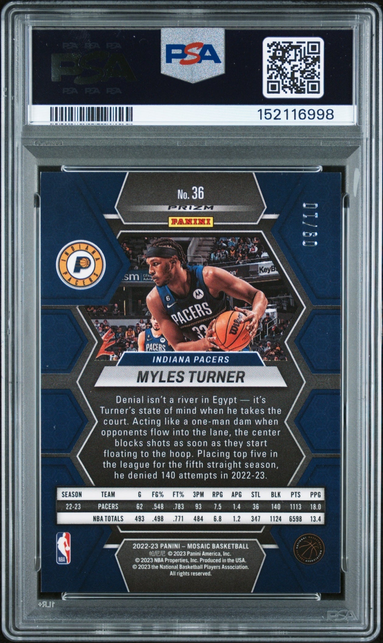 Myles Turner Panini Mosaic 2022-23 Gold Wave /10 PSA 10 Indiana Pacers