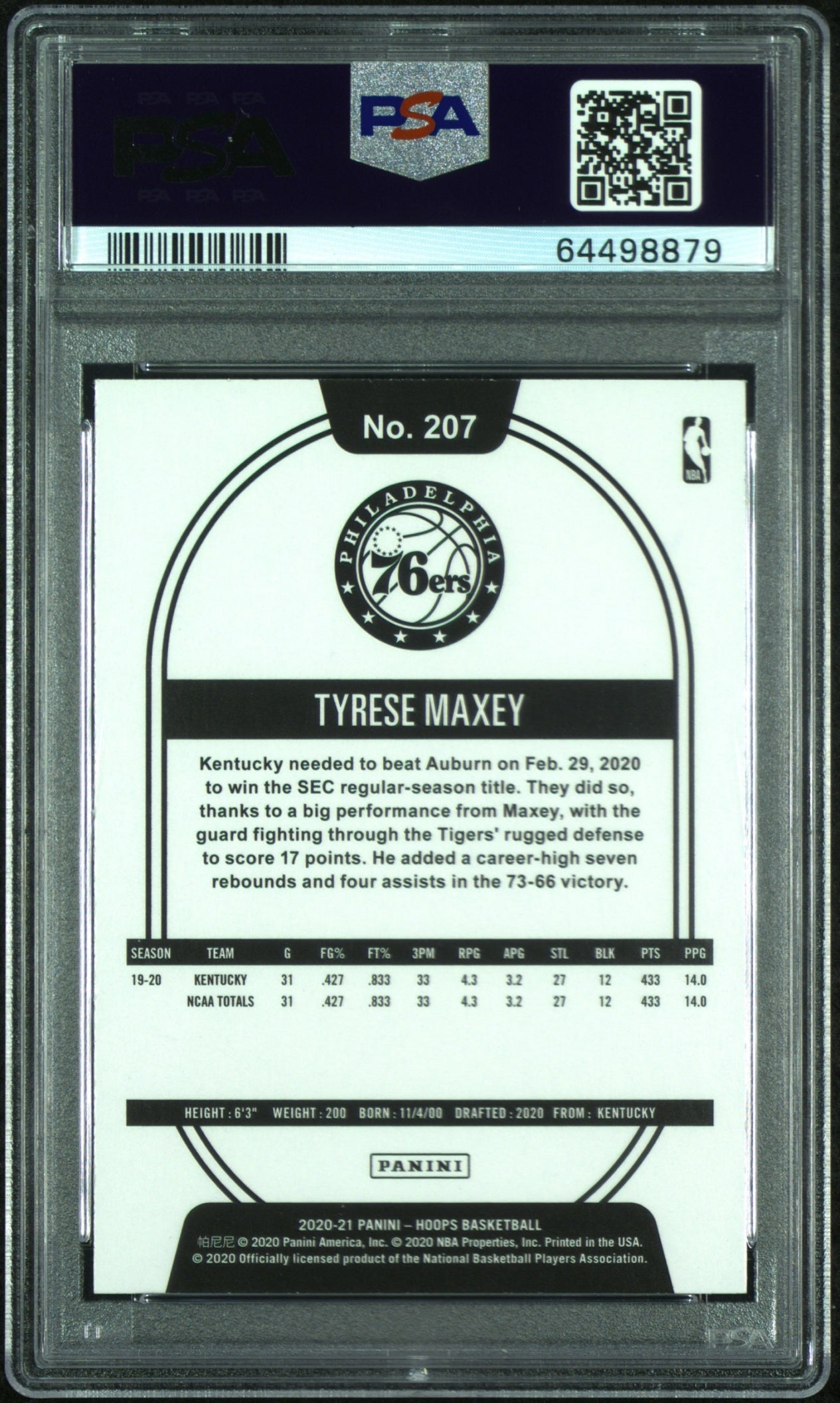 Tyrese Maxey Panini Hoops 2020-21 Hyper Blue RC PSA 10 Philadelphia 76ers