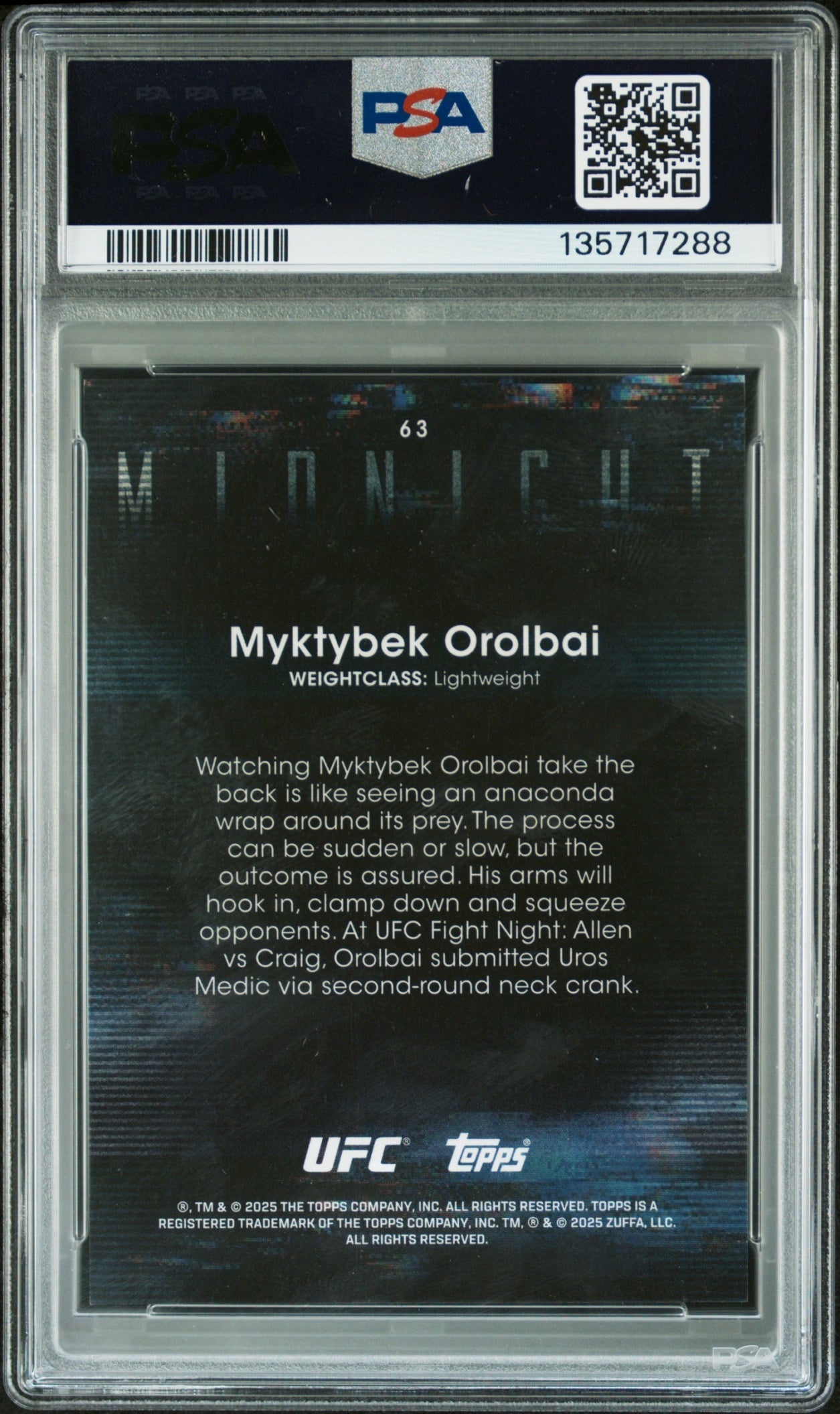 Myktybek Orolbai Topps UFC Midnight 2025 Moon Beam RC PSA 10
