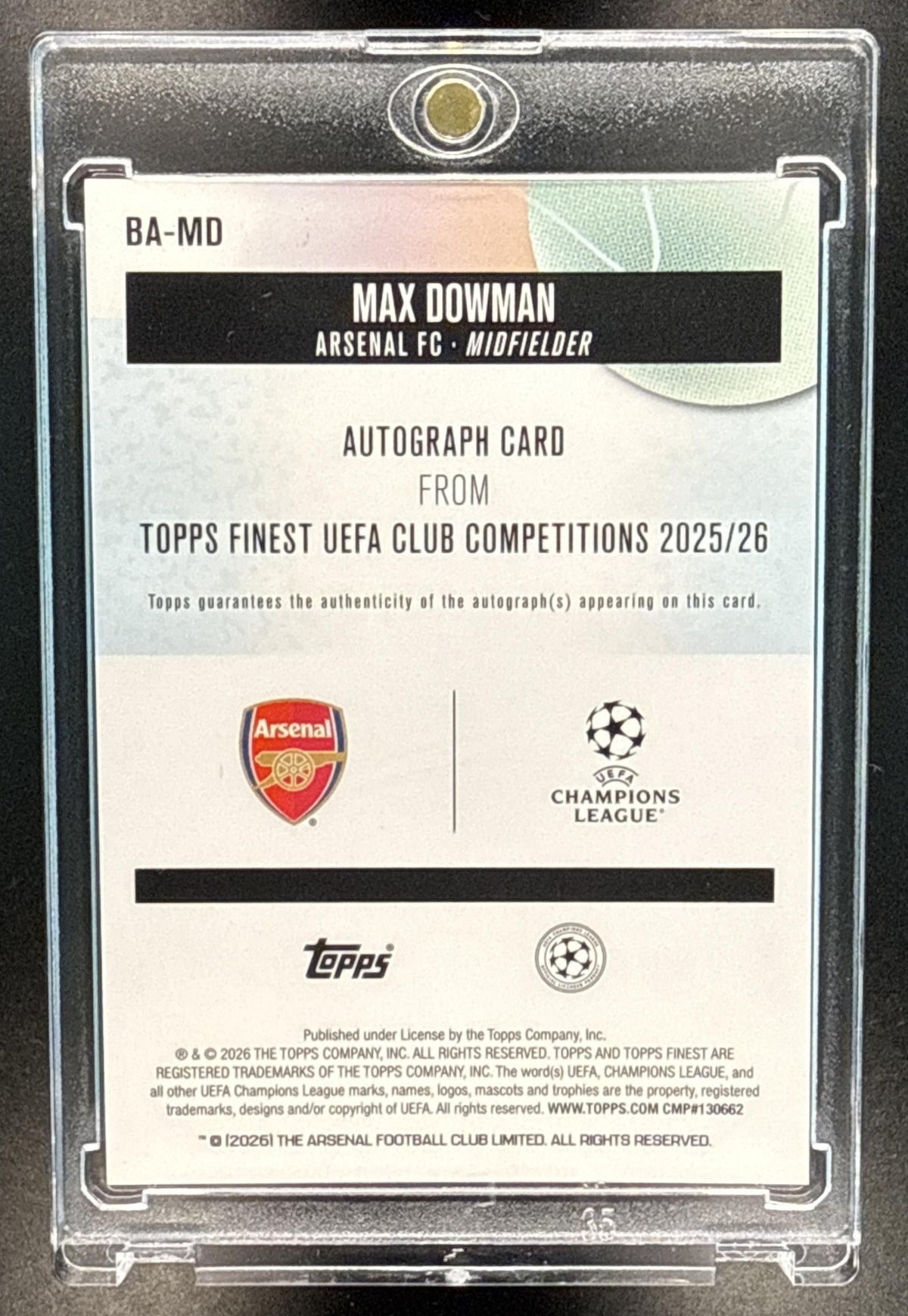 Max Dowman Topps Finest UCC 2025-26 Aqua Refractor /199 RC Auto Arsenal FC