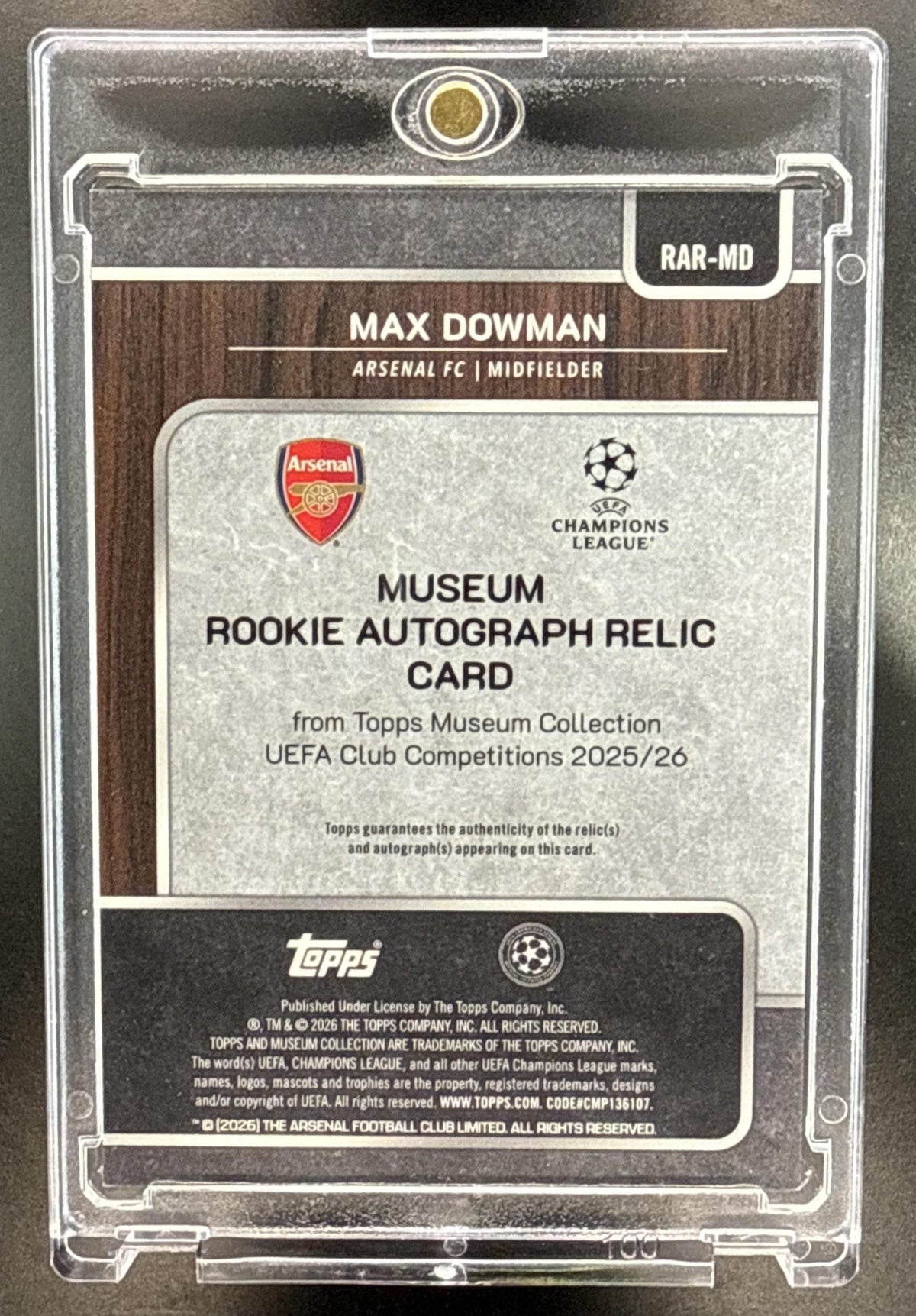 Max Dowman Topps Museum Collection UCC 2025-26 Turquoise /50 MEM RC Auto Arsenal FC