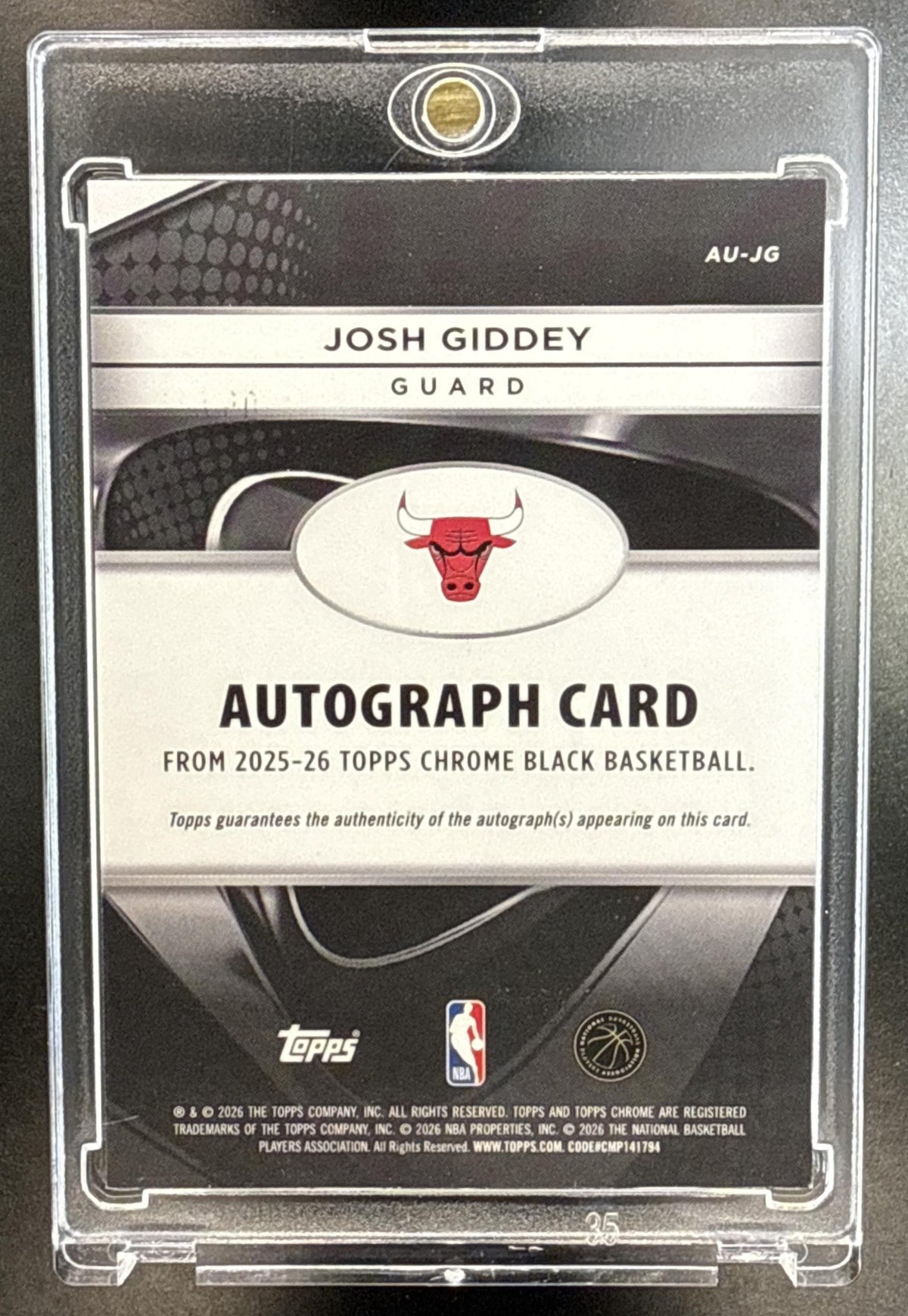Josh Giddey Topps Chrome Black 2025-26 Auto Purple Refractor /75 Chicago Bulls