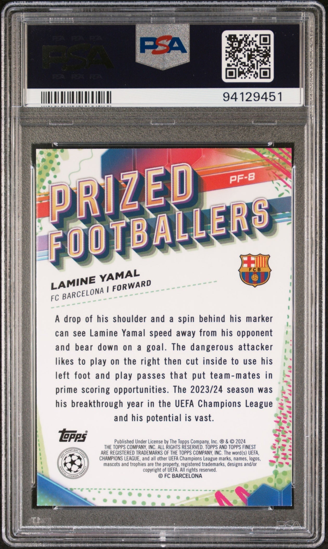 Lamine Yamal Topps Finest UCC 2023-24 Prized Footballers RC PSA 10 FC Barcelona