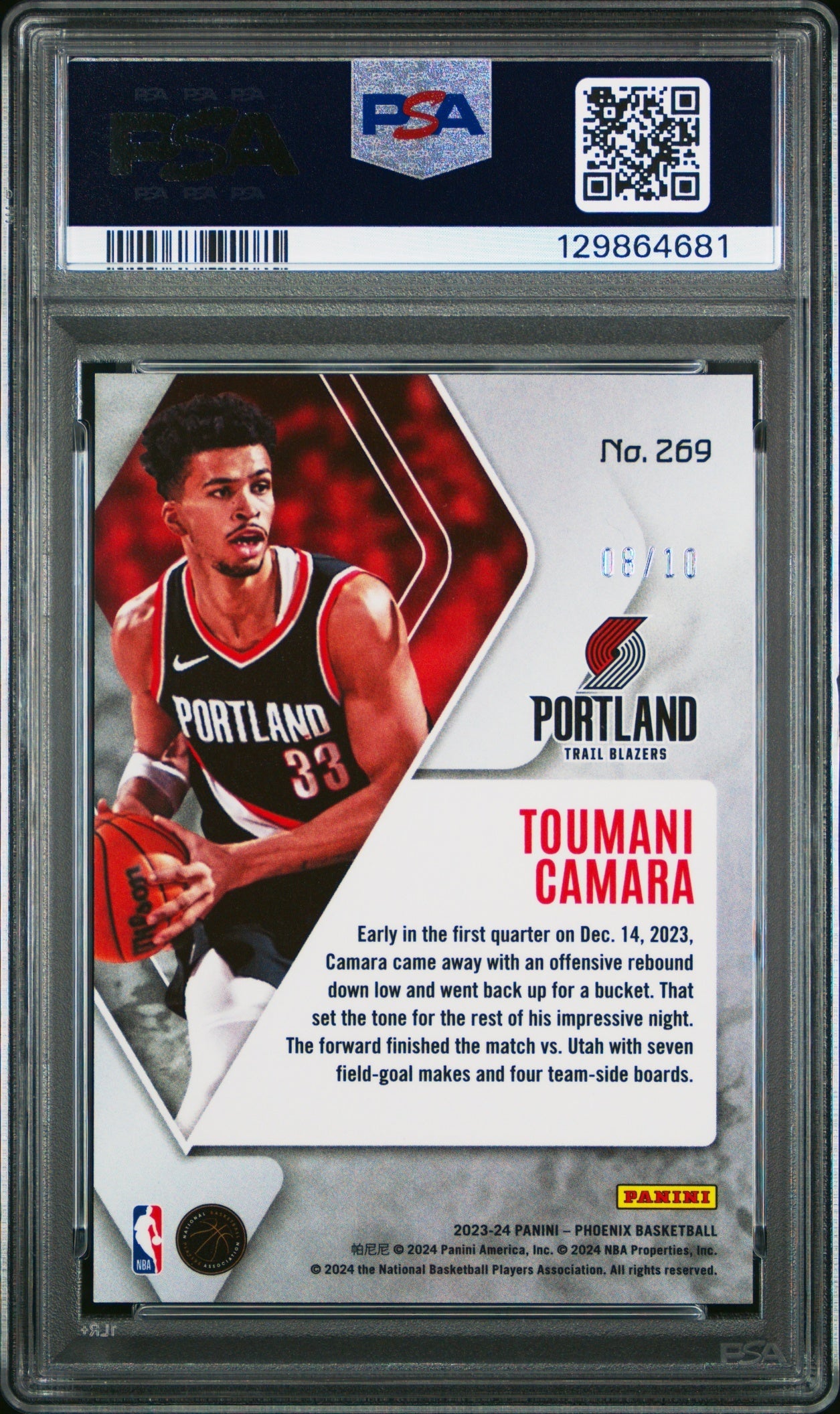 Toumani Camara Panini Phoenix 2023-24 Gold /10 RC PSA 9 Portland Trail Blazers