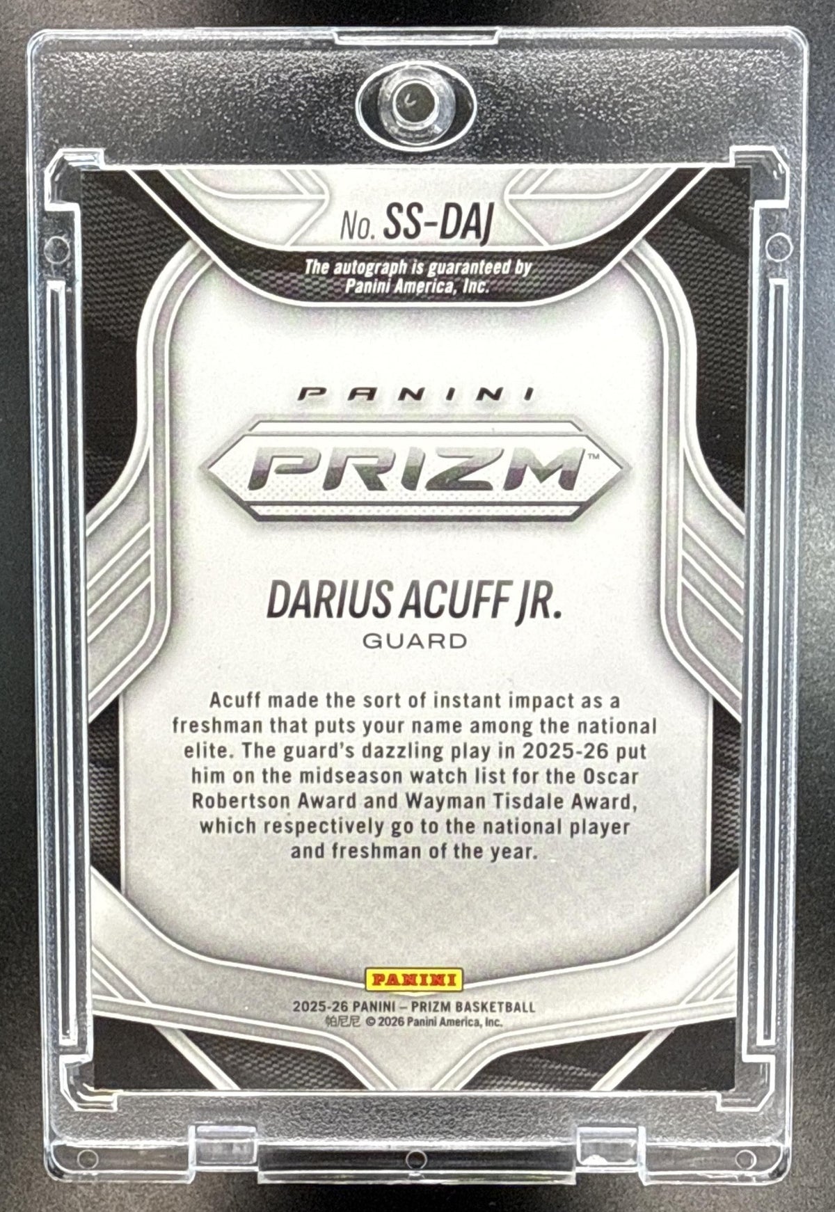 Darius Acuff Jr. Panini Prizm 2025-26 Auto Arkansas Razorbacks
