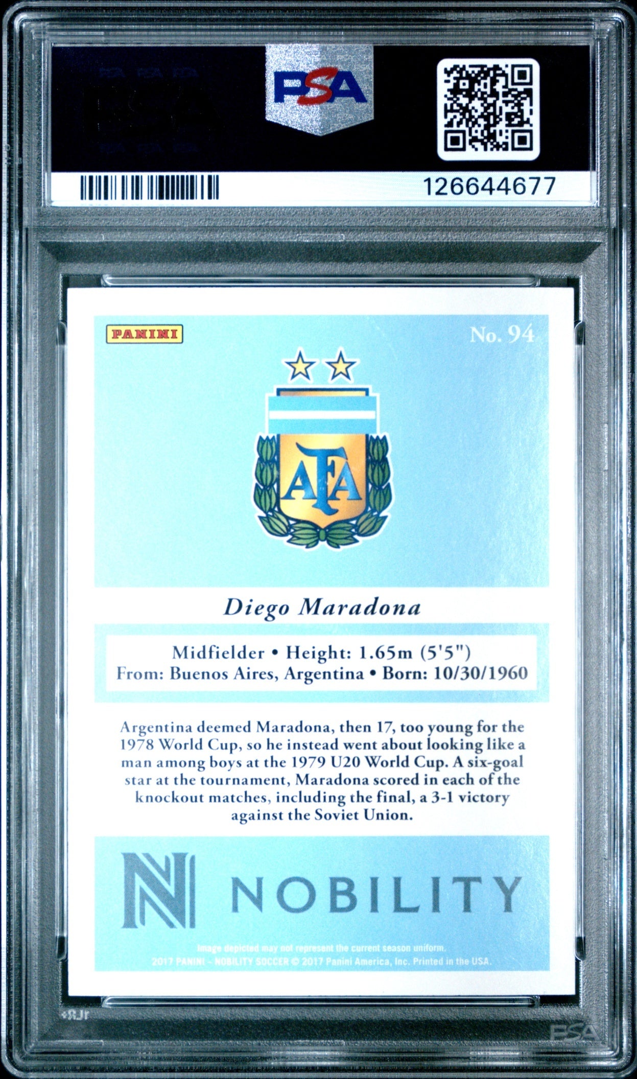 Diego Maradona Panini Nobility 2017 Orange /75 PSA 10 Argentina