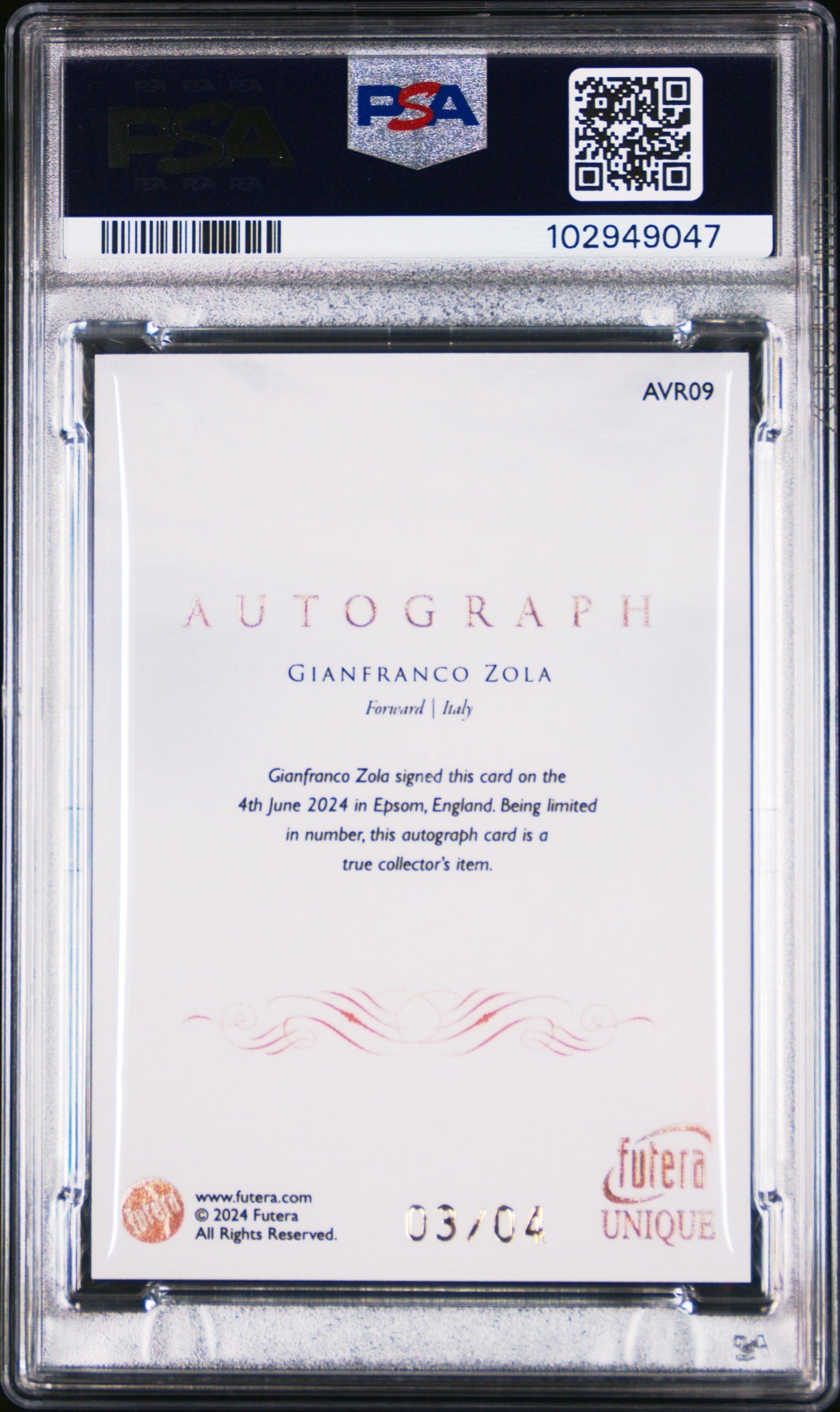 Gianfranco Zola Futera Unique World Football 2024 Virtuoso /4 Auto PSA 10 Italy