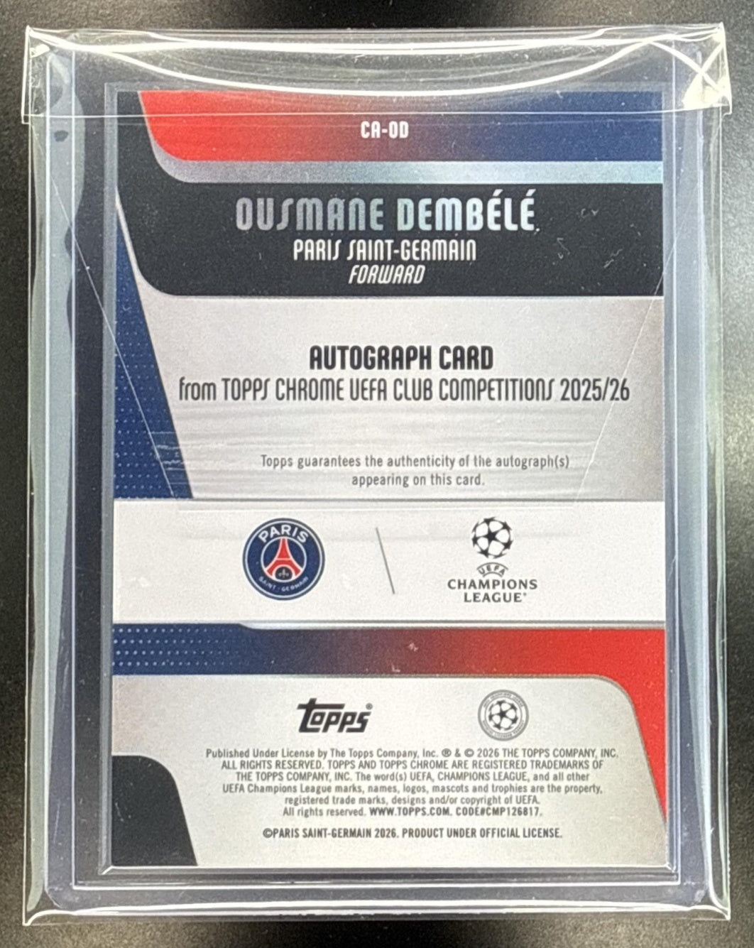 Ousmane Dembele Topps Chrome UCC 2025-26 Gold /50 Auto Paris Saint-Germain