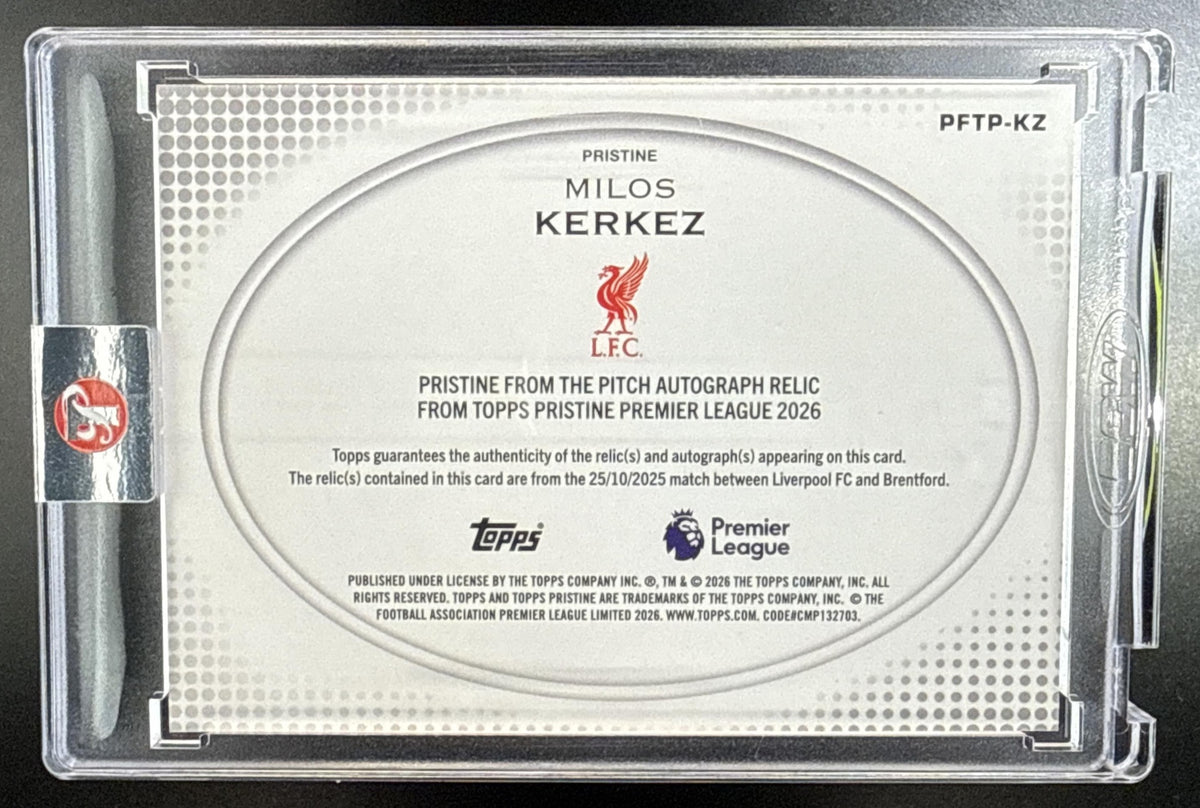 Milos Kerkez Topps Pristine PL 2025-26 From The Pitch MEM Auto Liverpool FC