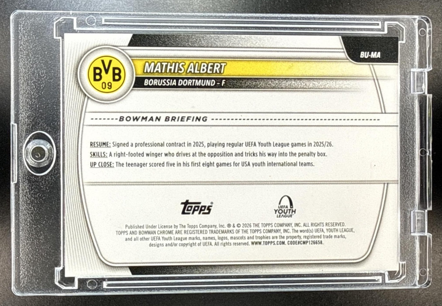 Mathis Albert Topps Chrome UCC 2025-26 Aqua /199 1st Prospect Borussia Dortmund