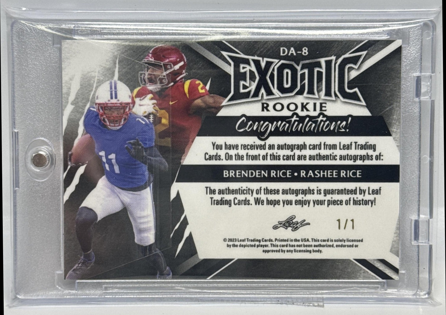 Brenden Rice Rashee Leaf Exotic 2023 Dual Signature Crystal Parrot 1/1 Auto