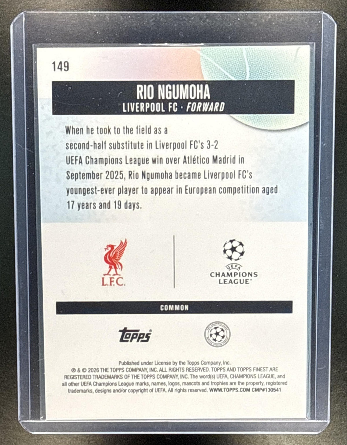 Rio Ngumoha Topps Finest UCC 2025-26 Green Refractor /75 RC Liverpool FC