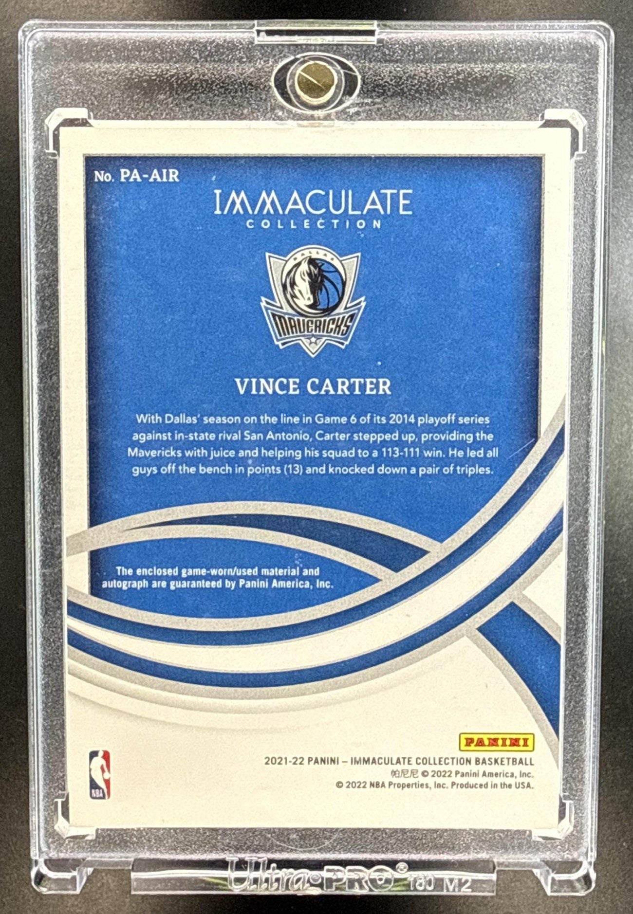 Vince Carter Panini Immaculate Collection 2021-22/15 Auto Dallas Mavericks