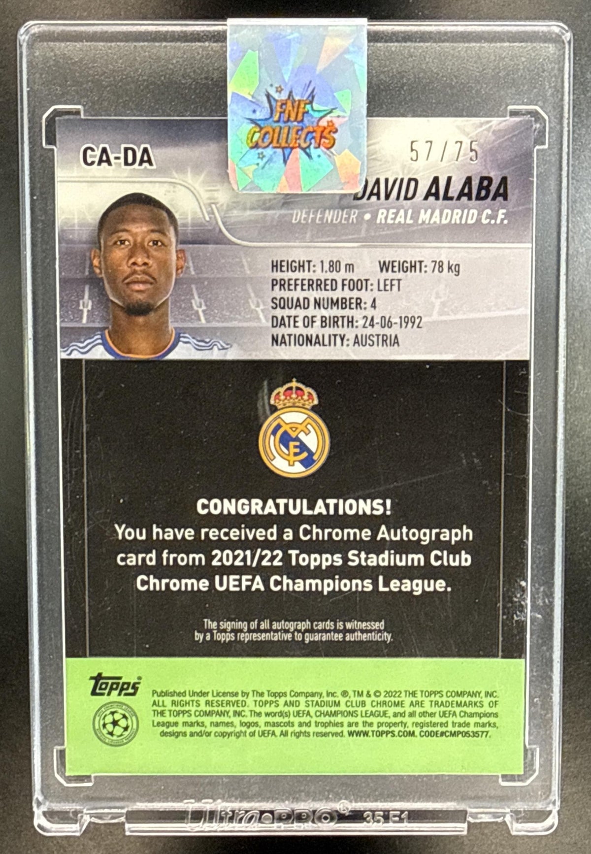 David Alaba Topps Stadium CC UCL 2021 Blue Wave Refractor /75 Auto Real Madrid CF