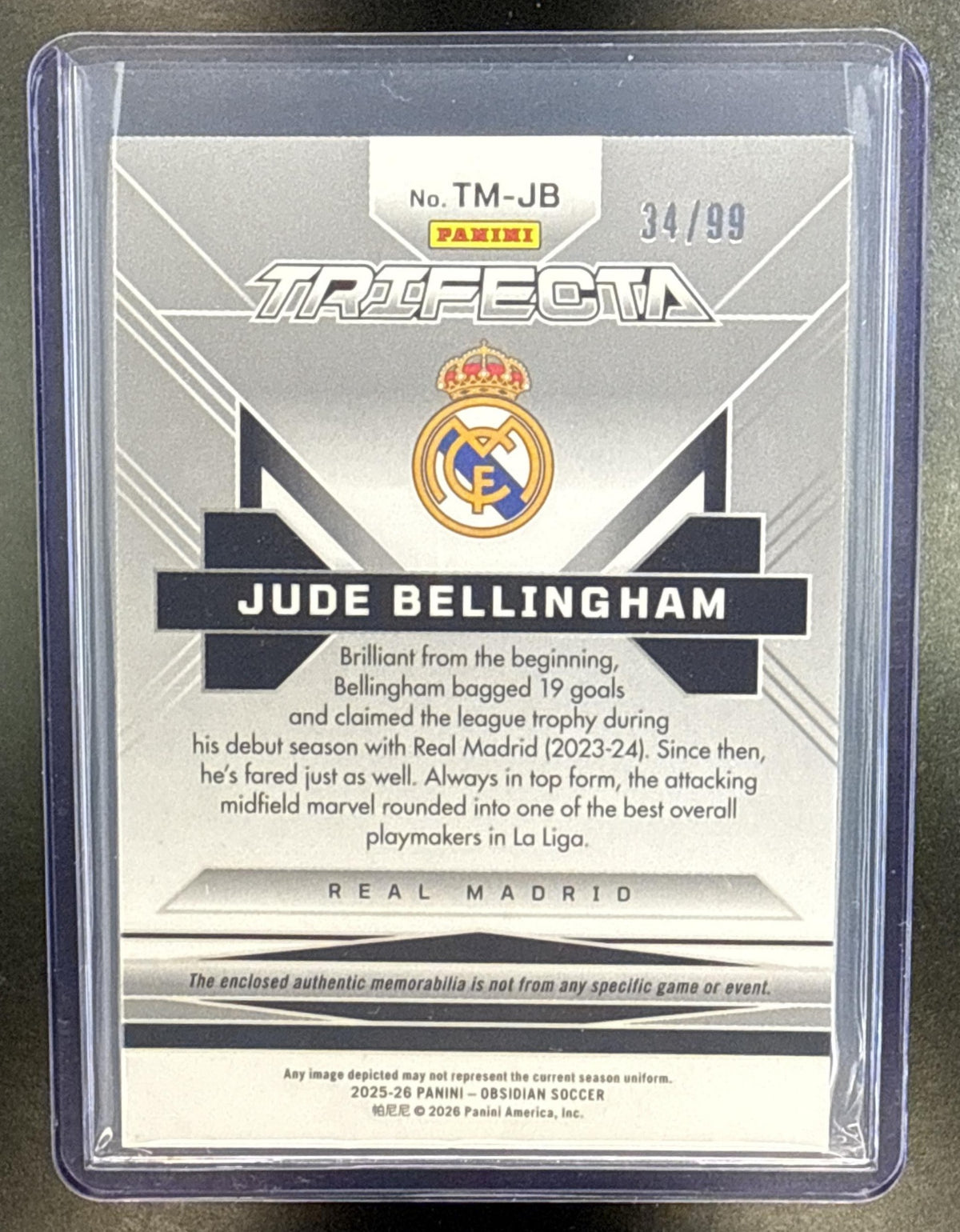 Jude Bellingham Panini Obsidian 2025-26 Electric Etch Purple /99 MEM