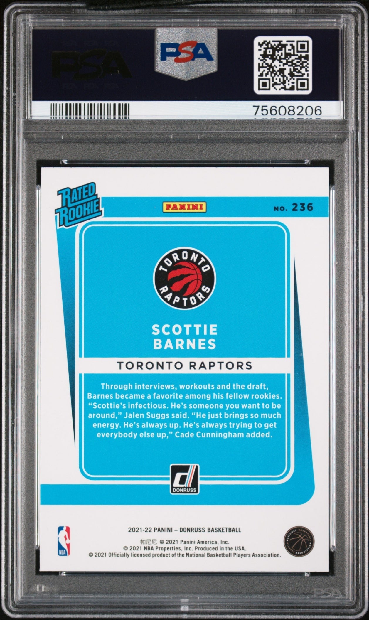 Scottie Barnes Panini Donruss 2021-22 Holo Pink Laser RC PSA 10 Toronto Raptors