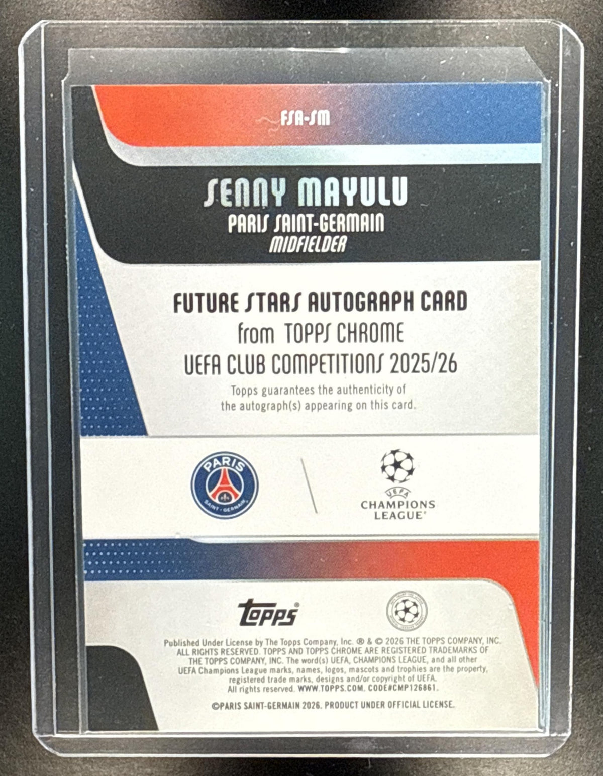 Senny Mayulu Topps Chrome UCC 2025-26 Gold Lava Refractor /50 Auto PSG