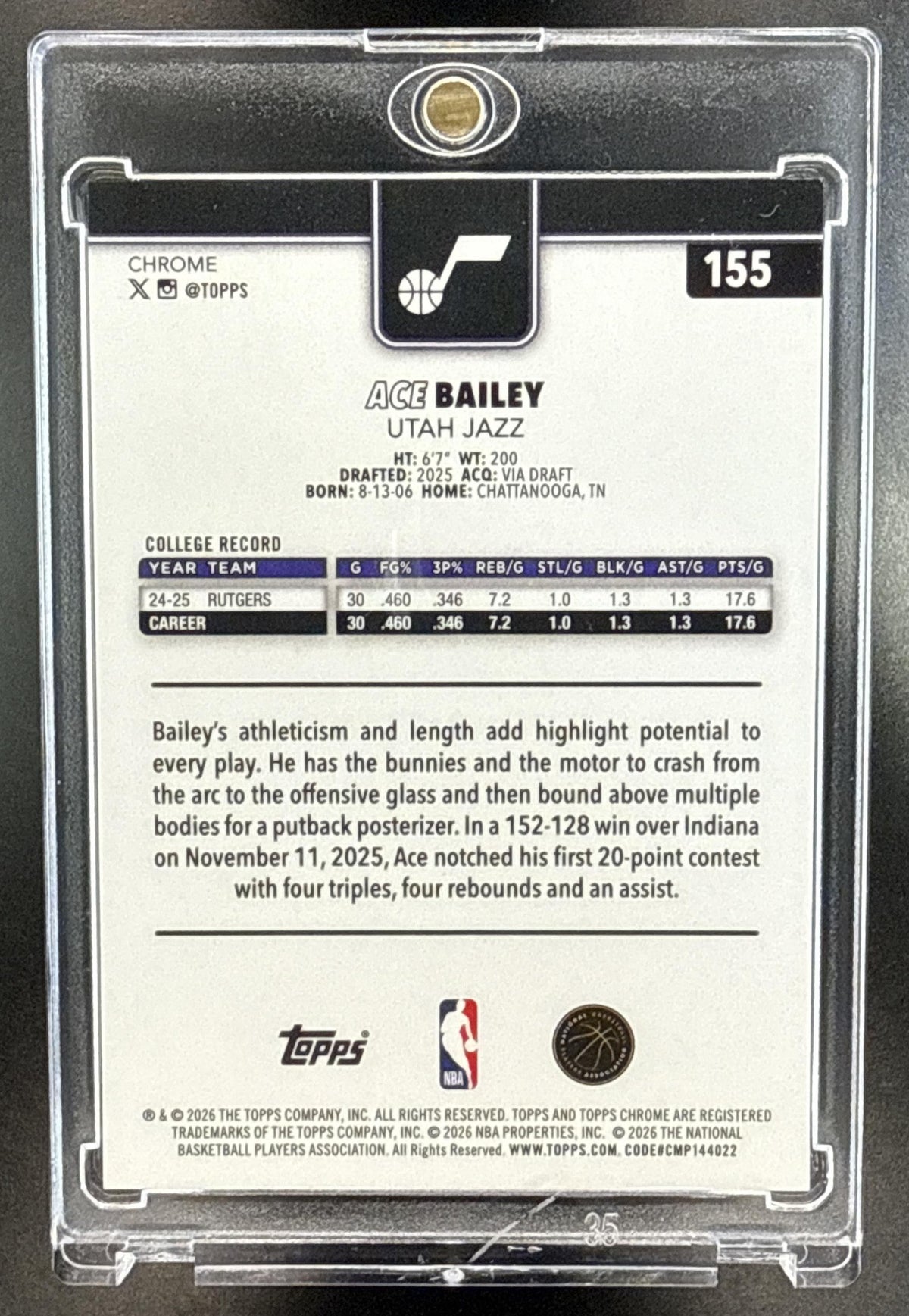 Ace Bailey Topps Chrome Update 2025-26 Gold Basketball Refractor /50 RC Utah Jazz