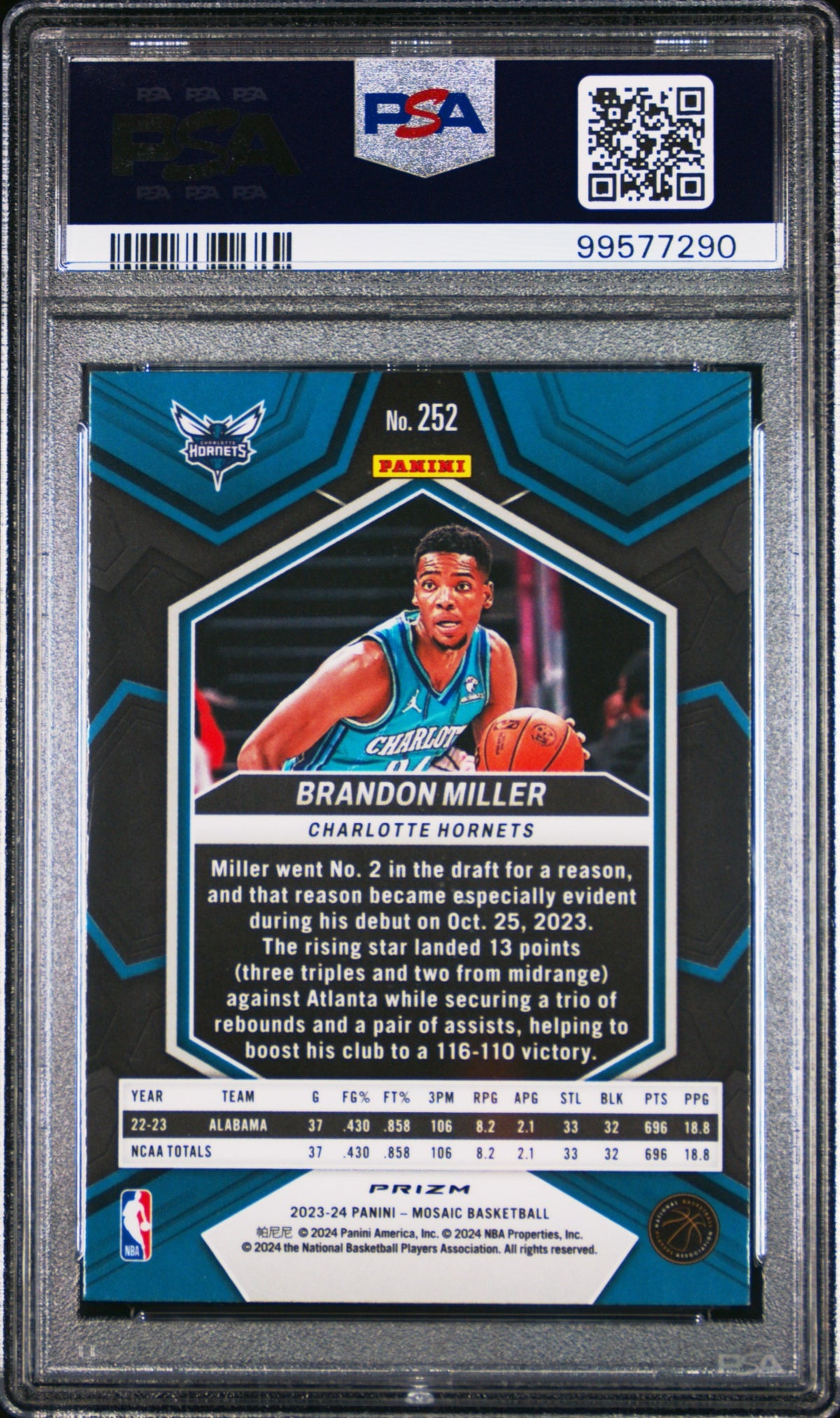 Brandon Miller Panini Mosaic 2023-24 Glitter Prizm RC PSA 9 Charlotte Hornets