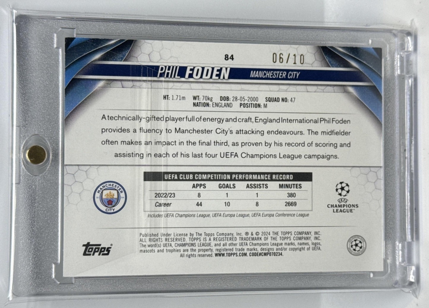 Phil Foden Topps UCC 2023-24 Icy Black Foilboard /10 Manchester City