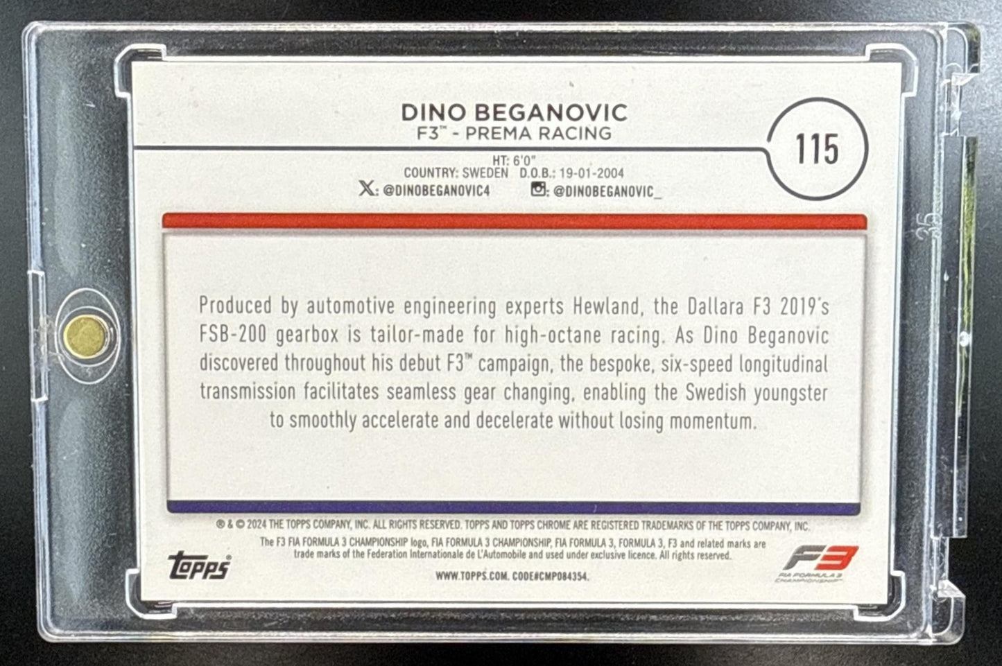 Dino Beganovic Topps Chrome Formula 1 2024 Red Refractor /5 F3 Car