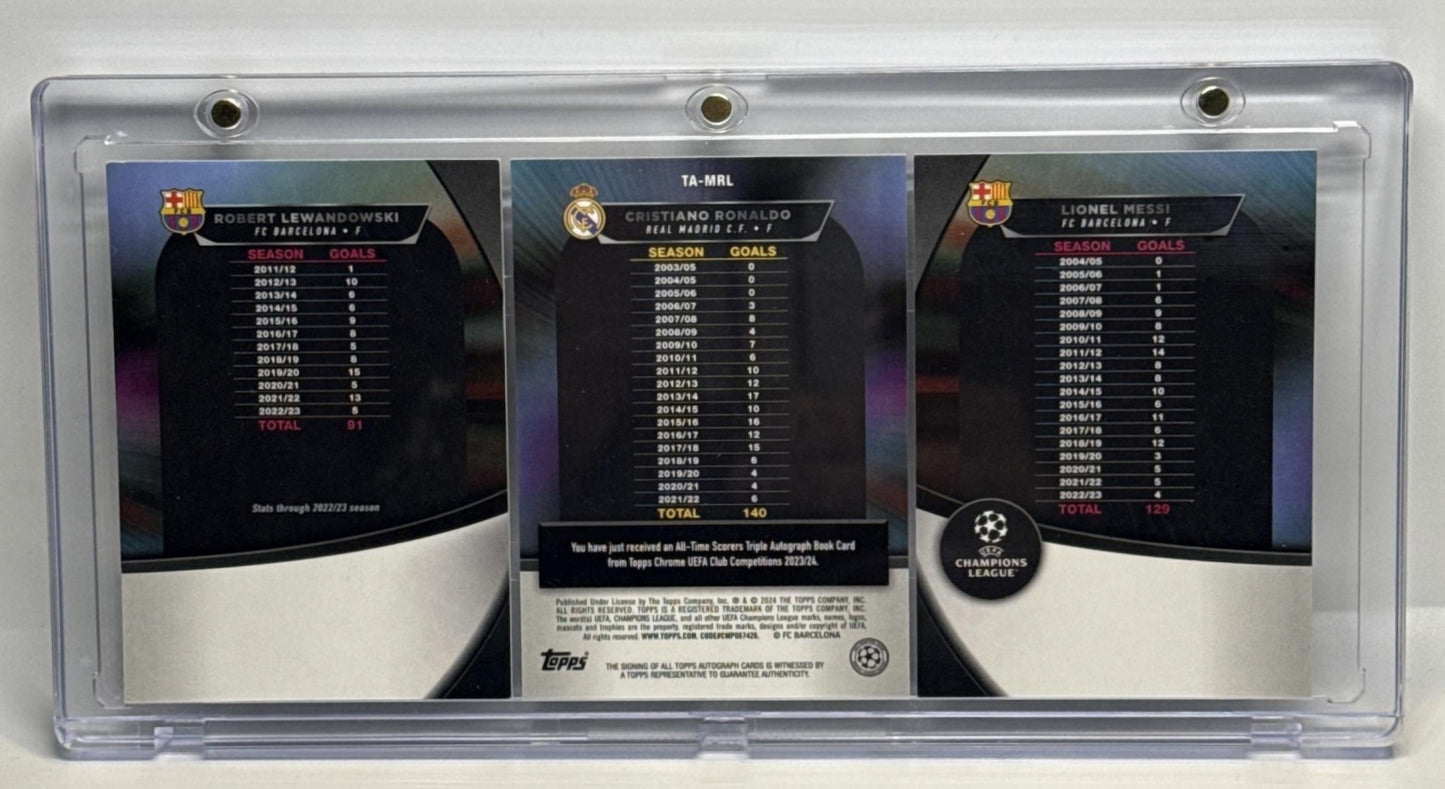 Lewandowski/Ronaldo/Messi Topps Chrome UCC 2023-24 Triple Auto Booklet /10